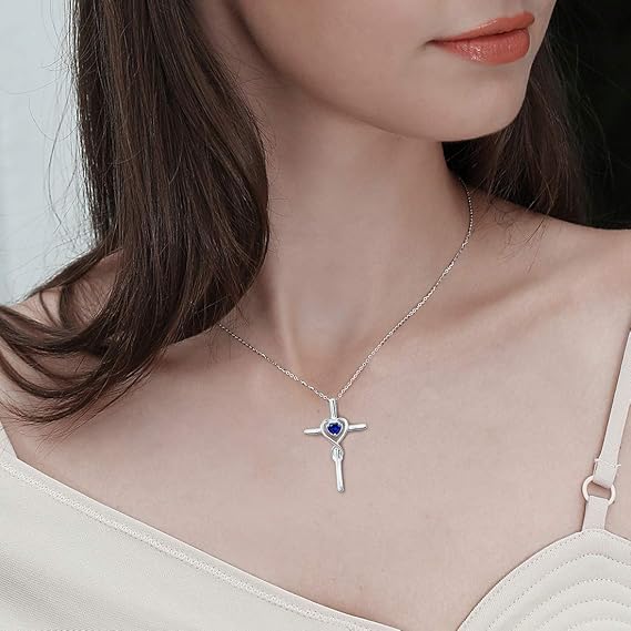 Sapphire Heart Cross Necklace