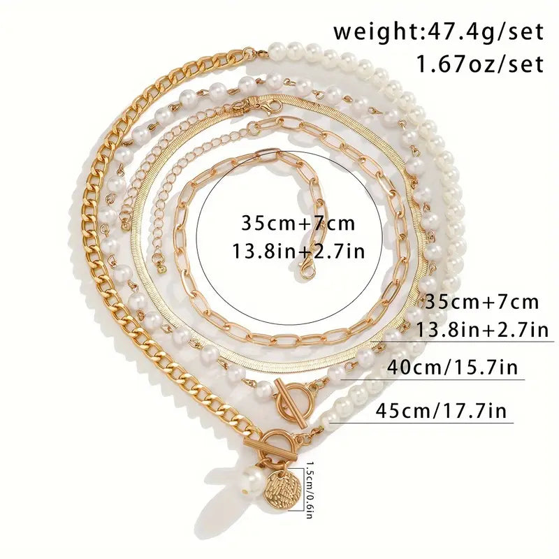 Vintage Pearl Gold Snake Chain Necklace Set