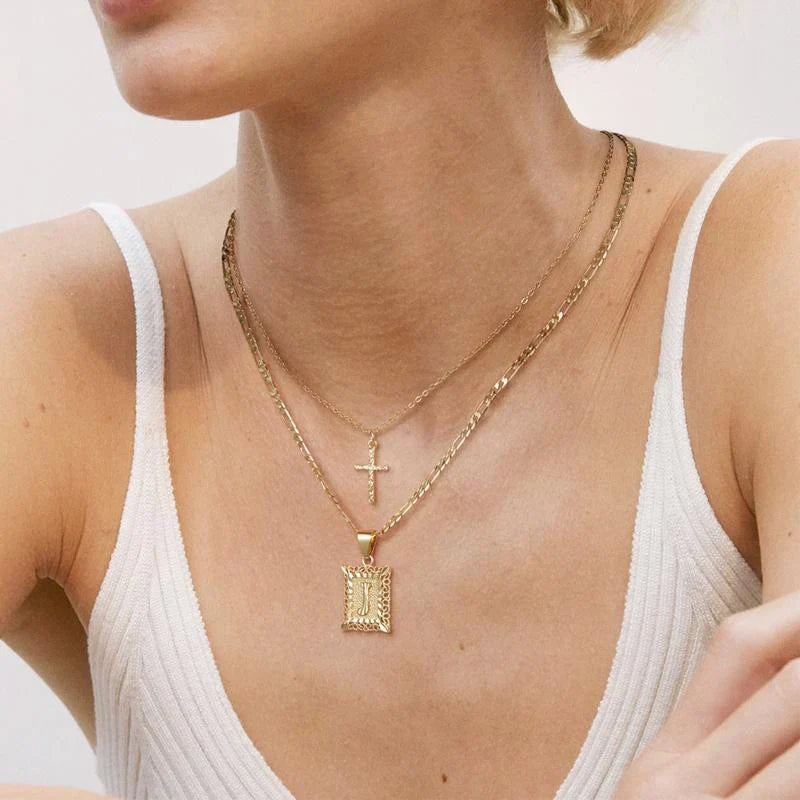 Cross Initial Necklace Set