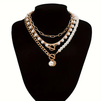 Vintage Pearl Gold Snake Chain Necklace Set