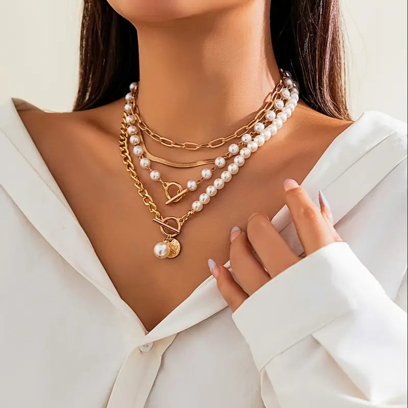 Vintage Pearl Gold Snake Chain Necklace Set