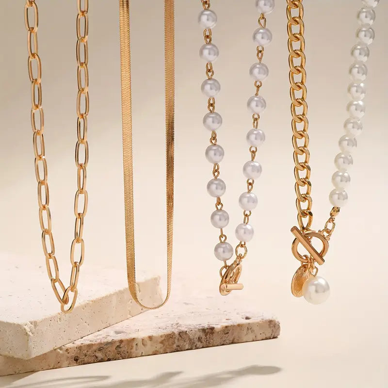 Vintage Pearl Gold Snake Chain Necklace Set