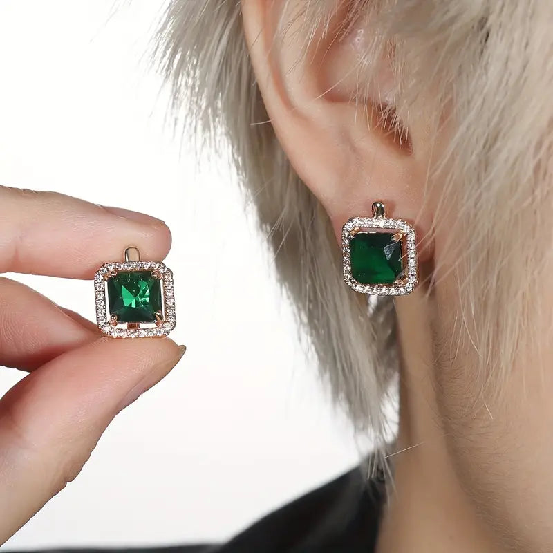 Golden Green Square Zirconia Earrings