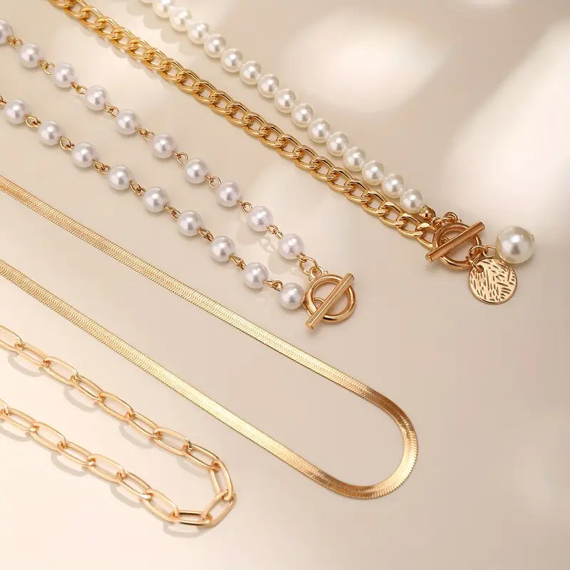 Vintage Pearl Gold Snake Chain Necklace Set