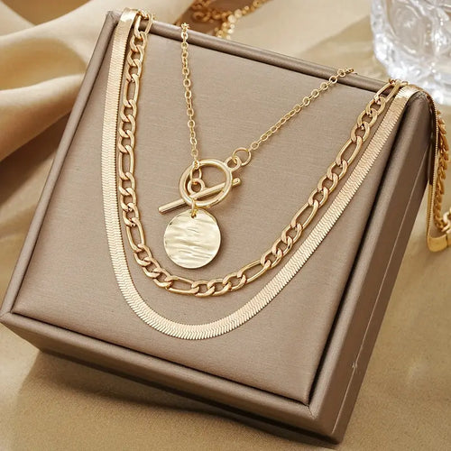 Savira Textured Coin Layered Necklace (Gold)