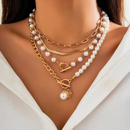 Vintage Pearl Gold Snake Chain Necklace Set