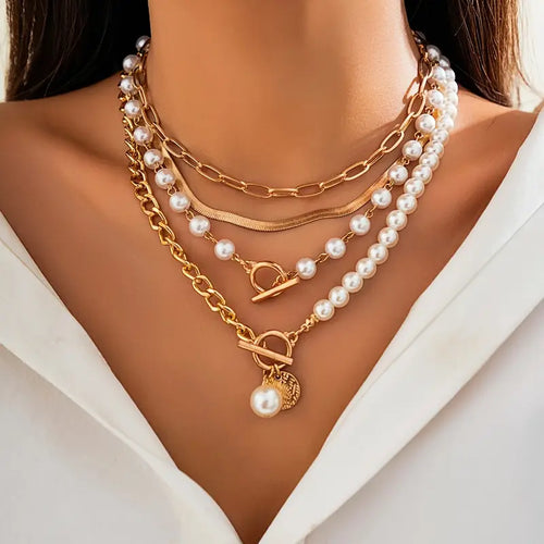 Vintage Pearl Gold Snake Chain Necklace Set