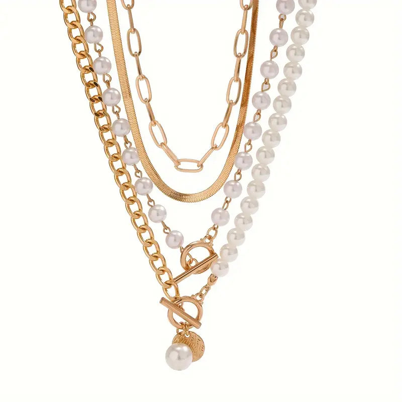 Vintage Pearl Gold Snake Chain Necklace Set