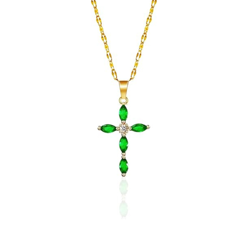 Gold Emerald Marquise Cross Necklace